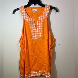 Crown & Ivy Women’s XXL sleeveless Blouse top Orange W/white embroidered flowers